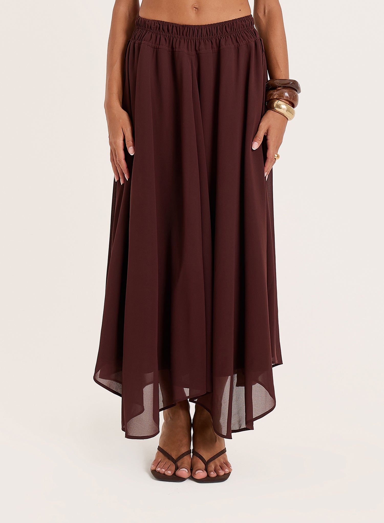 Chocolate Chiffon Asymmetric Hem Maxi Skirt